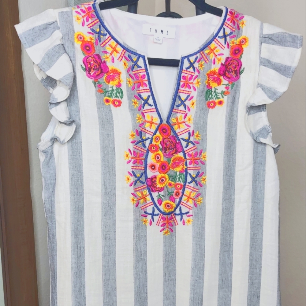 THML embroidered striped chambray flutter sleeve dress